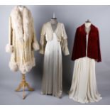 A 1920s cream devore velvet evening coat with fur trim; together with a 1930s eau de Nil satin crepe