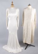 A 1920s oyster satin and lace wedding dress; together with a 1930s striped ivory wedding gown with