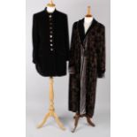 A full length black and gold patterned evening coat edged with soft grey velvet by Mary Jane;