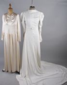A collection of six vintage dresses, including: a 1930s cream satin wedding gown, a 1930s cream silk