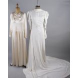 A collection of six vintage dresses, including: a 1930s cream satin wedding gown, a 1930s cream silk