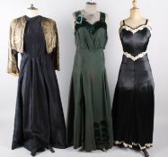 A 1930s green taffeta and velvet evening gown with corsage, a 1930s full length yellow gown, a
