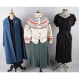 A 1930s blue velvet dress with pleated cream collar; together with a 1930s navy blue coat dress, a