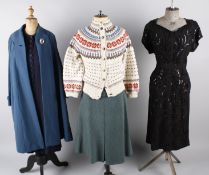 A 1930s blue velvet dress with pleated cream collar; together with a 1930s navy blue coat dress, a