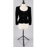 A black velvet Murray Arbeid of London sample jacket from the early 1990s, with a scooped