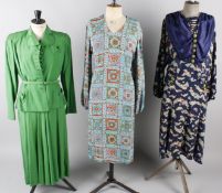 A 1920s wool coat with a striped lining; a 1930s floral chiffon dress and bolero (repairs), a