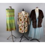 Ladies costume from the 1940s to the 1960s, including: an American 1950s damask 3/4 length coat, a
