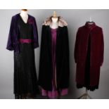 A 1930s black satin evening gown with black and cream cape to match; with a 1920s purple velvet