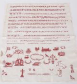 A Bristol orphanage sampler, dated 1902, worked in red thread onto white cotton, depicting cross