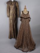 A 1930s floral abstract design chiffon cocktail dress; with a 1930s gold lame full-length evening