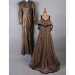 A 1930s floral abstract design chiffon cocktail dress; with a 1930s gold lame full-length evening