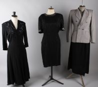 A 1930s blue silk velvet dress; together with a late 1940s black crepe dress with sequin detail, a