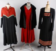 A 1930s red and black crepe dress; with a 1940s red velvet dress, a 1940s wool dress with red