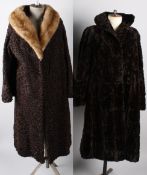 A 1940s ladies moleskin coat; together with a 1950s/60s astrakhan brown coat with a mink collar by