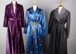 A collection of ladies night attire, including: a purple velvet housecoat, a 1940s CC41 utility