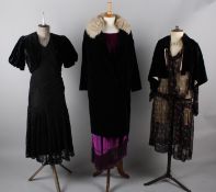 A purple fringed 1920s velvet dress; with a black georgette and lace 1920s dress, a fine black