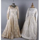 Six vintage wedding dresses, comprising: a cream brocade late 1950s wedding dress, a 1950s satin