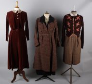 A 1940s russet brown velvet dress with bolero and lace collar; with a 1920s black wool coat with fur