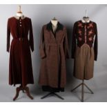 A 1940s russet brown velvet dress with bolero and lace collar; with a 1920s black wool coat with fur