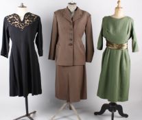 A 1940s light brown two-piece wool suit, with a black 1940s dress, a shot taffeta jacket, a Jacksons