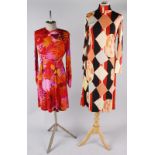 Two Ken Scott dresses dating from the early 1970s, the first of a geometric harlequin pattern with a
