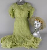 A collection of 1930s wedding attire and ephemera, comprising: a lime green chiffon dress and bolero