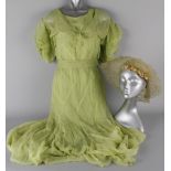A collection of 1930s wedding attire and ephemera, comprising: a lime green chiffon dress and bolero