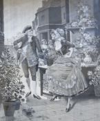 A French monochrome silk picture of a dandy courting a maiden, inscribed A. Perez lower right, 21.
