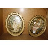 A pair of silkwork pictures, depicting ladies seated, oval in gilt painted frames, 19cm x 14cm