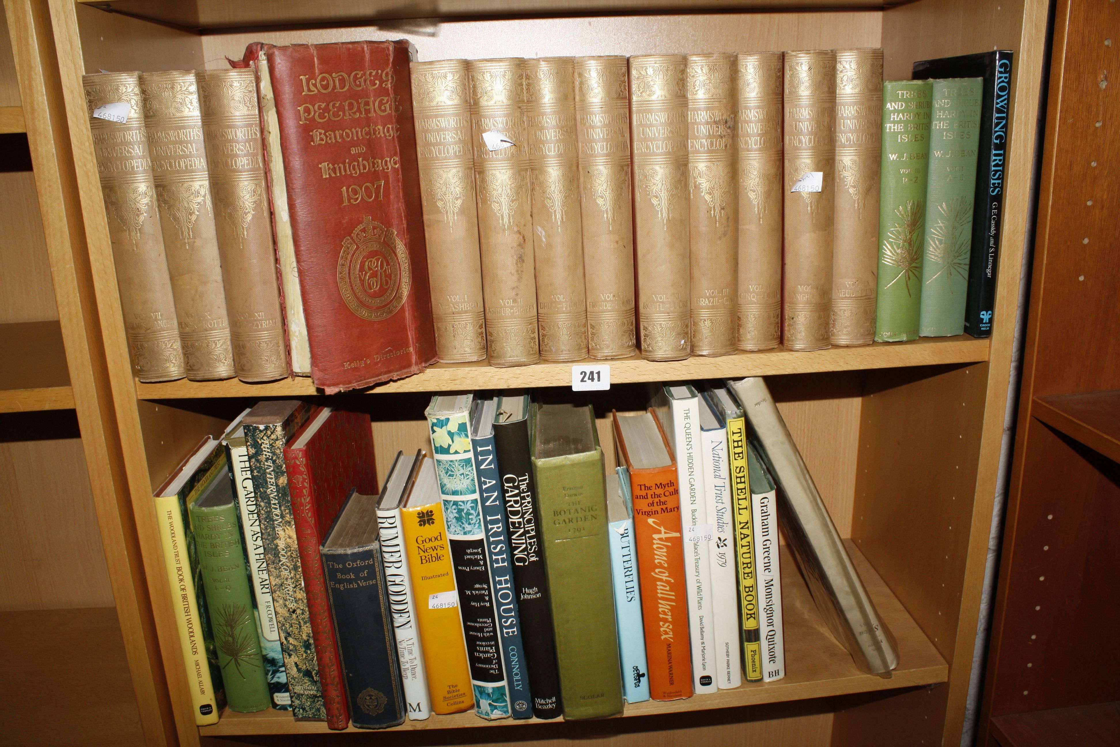 Two shelves of books to include eleven vols of Harmsworth Encylopedias and others of nature and