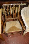 A 19th Century provincial ash chair with vertical splat and rush seat and a pine table