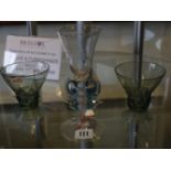 A facon de Venise clear glass goblet, the knot stem applied with pale blue glass and clear 'ears',