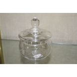 A glass bowl with cover, 11cm high approx.