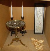 A Chinese silk embroidered panel, a pair of modern candlesticks, a gilt painted wall hanging angel