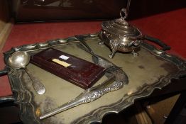 A silver plated tureen and cover, a tray, a pair of fish servers, a ladle, glove stretchers and