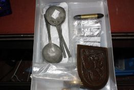 An assortment of items including a pair of silver-plate mounted antler toasting forks, a silver