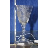 A Low Countries engraved commemorative wine glass, mid 18th Century, the round funnel bowl