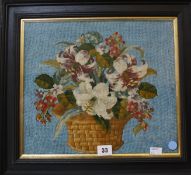 Two beadwork and woolwork pictures; a vase of flowers and a dog (2)