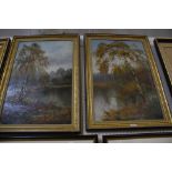 H... Grenville (20th Century) Autumnal lake scene with figure fishing Signed lower left on one Oil