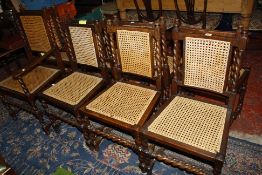A set of six 18th century style oak dining chairs with cane panelled backs and seats, barley twist