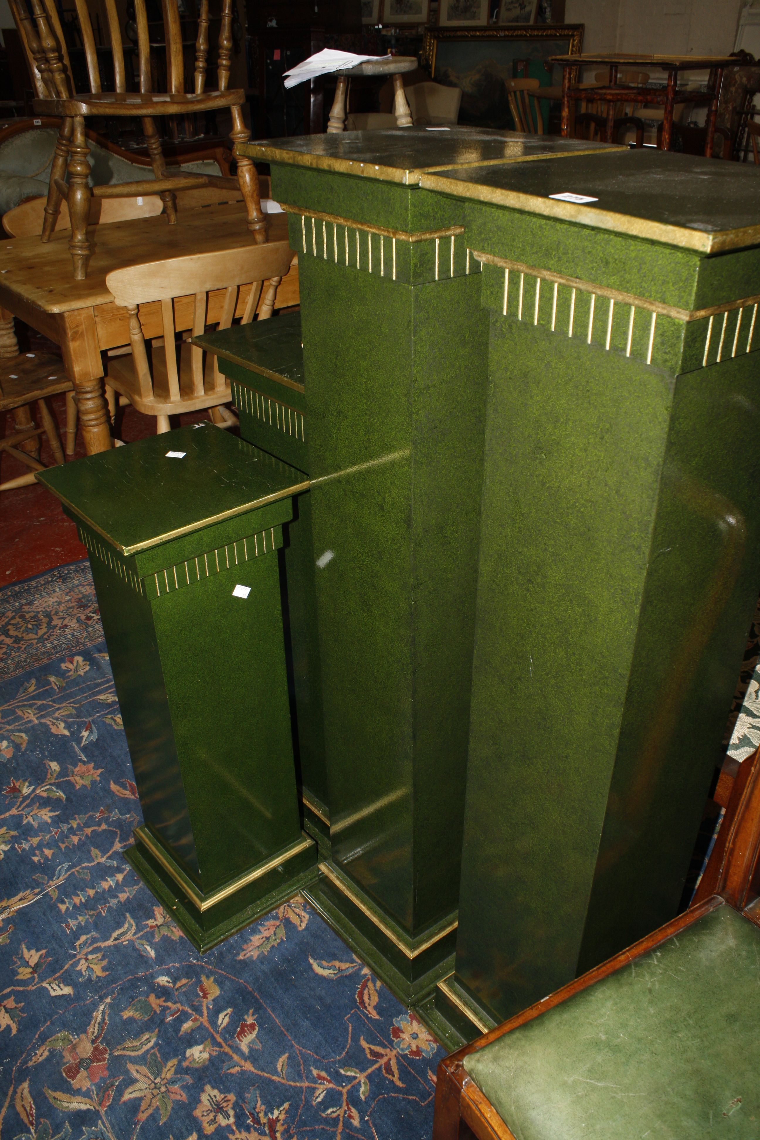 Four modern green painted plinths and two dining chairs  Property of the Late Christopher Sheppard