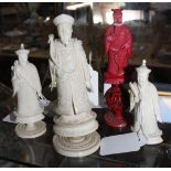 A set of six carved ivory Chinese figures (from a chess set) (one stained red figure) (af)