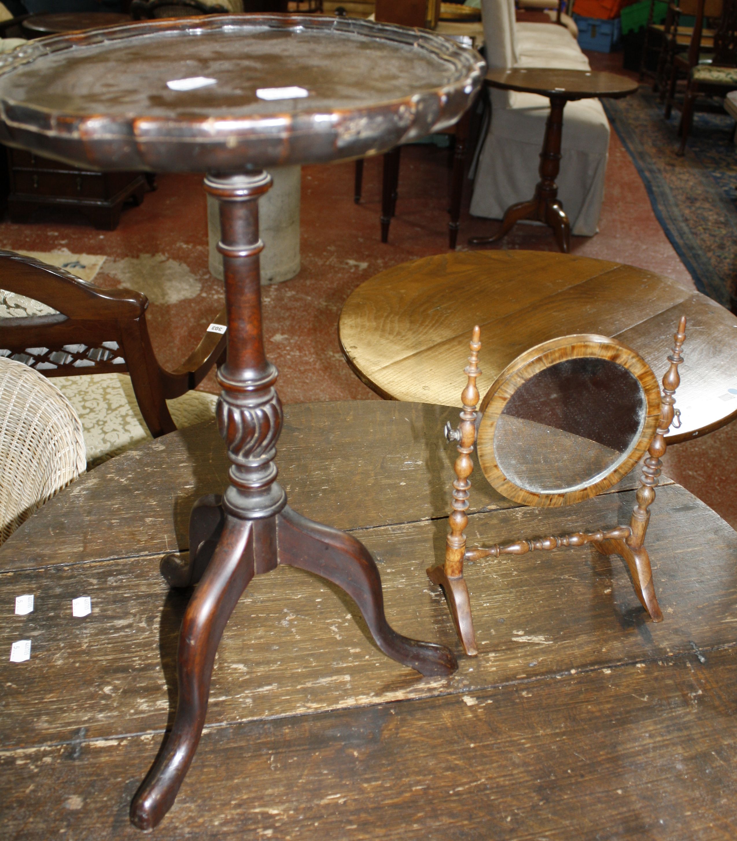 A 19th Century oak tripod table, wine table and toilet mirror - Image 2 of 2