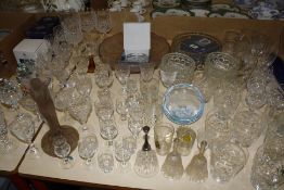 A quantity of glassware, to include a blue glass rolling pin, assorted cut glass and etched drinking