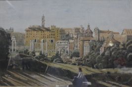 John Doyle (b.1928) View of the Forum  Watercolour (over a printed base) Signed lower right 29.5cm x