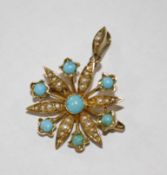 A 15ct gold turquoise stone and seed pearl flower shaped pendant