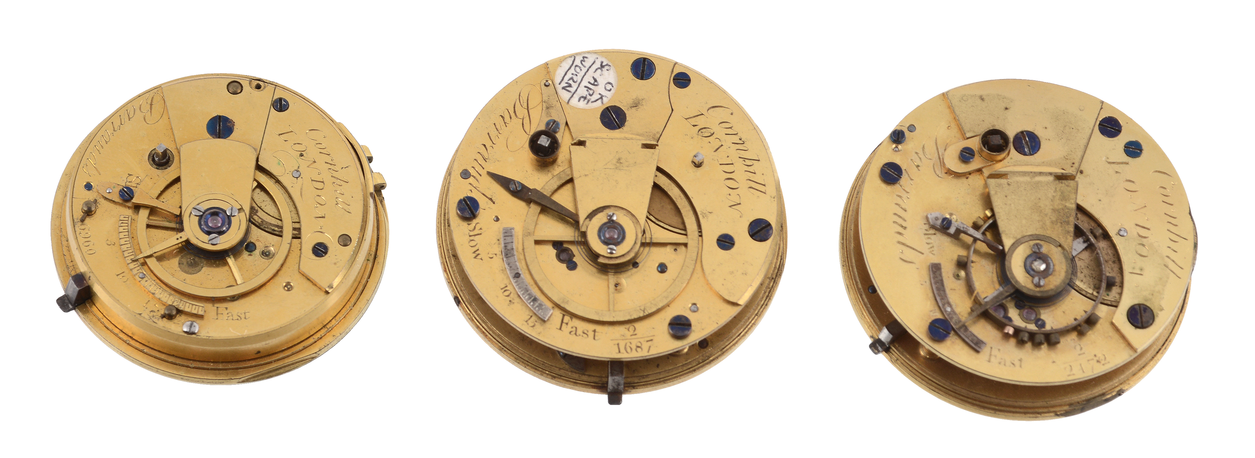 Three watch movements by Barrauds, to include: a duplex fusee movement, no. 1687, with four armed