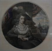 A Bartolozzi style engraving of a Gainsborough beauty, circular, 30cm