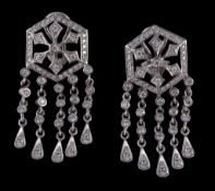 A pair of diamond ear pendents, the hexagonal panel set throughout with brilliant cut diamonds,