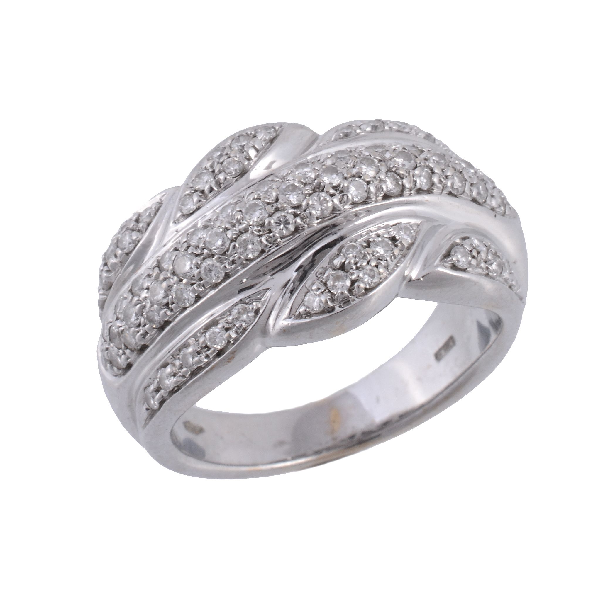 A diamond band ring, half set with brilliant cut diamonds, stamped 750 with Italian control marks,